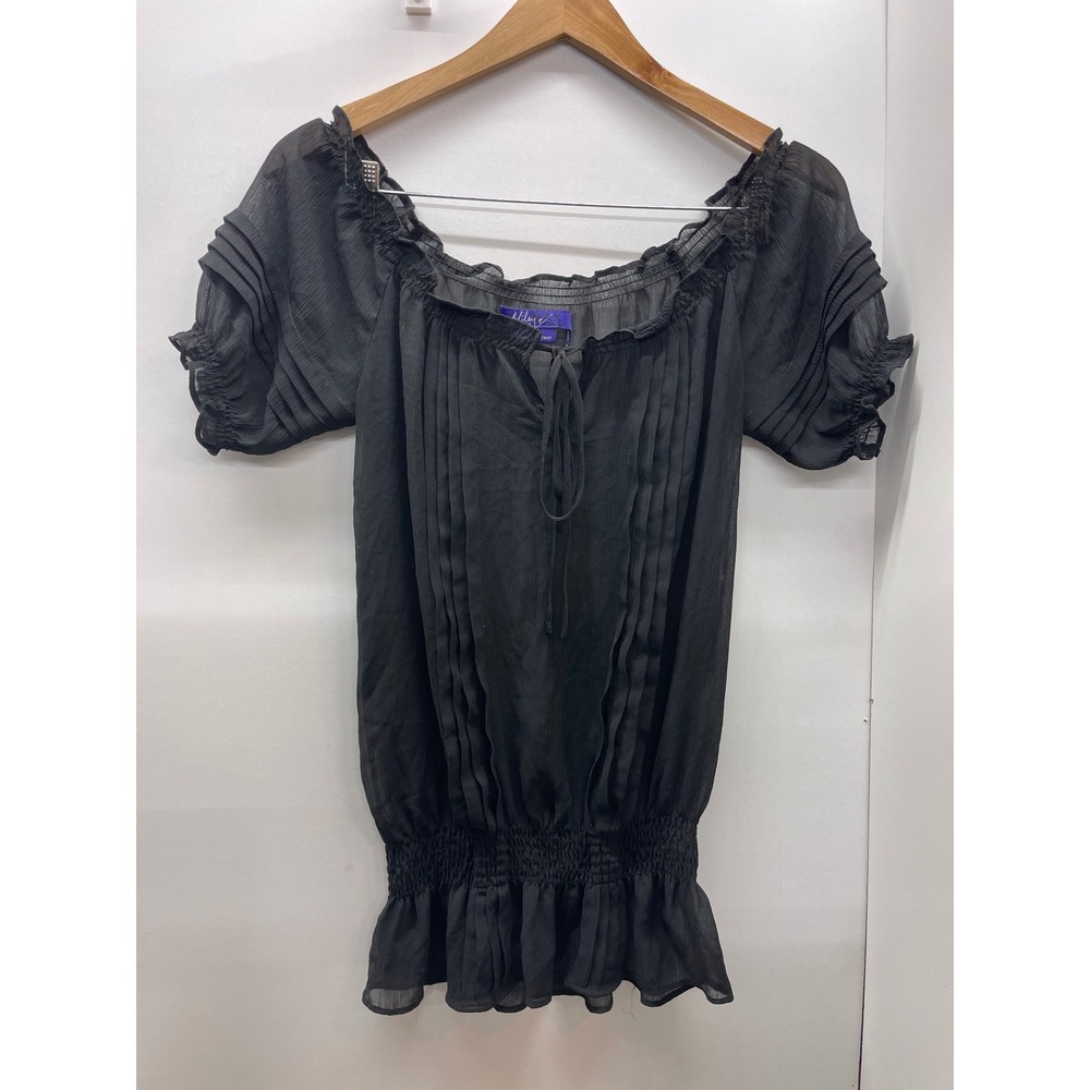 Miley Cyrus Max Azria Black Sheer Peasant Blouse Smocked Pleated Top Small